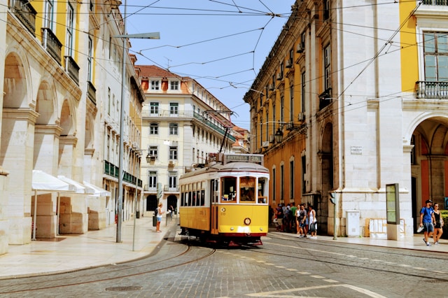 Historic yellow tram in Lisbon city center, Portugal